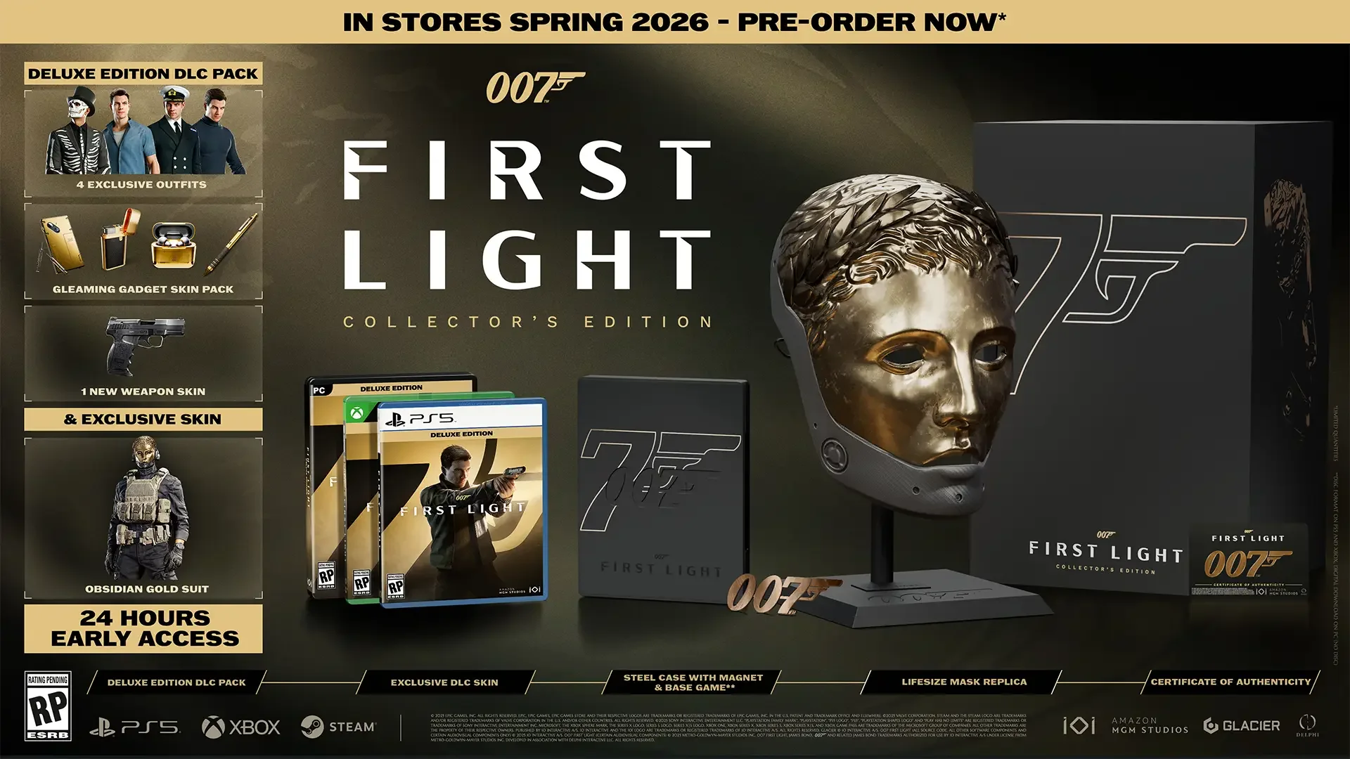 007 First Light Collector's Edition contents: mask replica, steel case, game and certificate of authenticity
