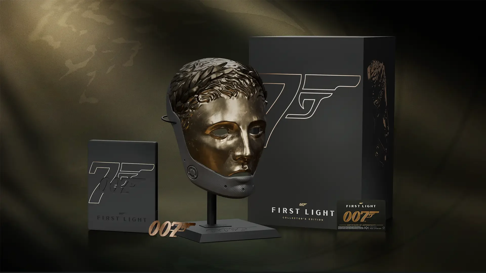 007 First Light Collector's Edition: life-size gold-and-grey mask replica on its display stand, steel case and box