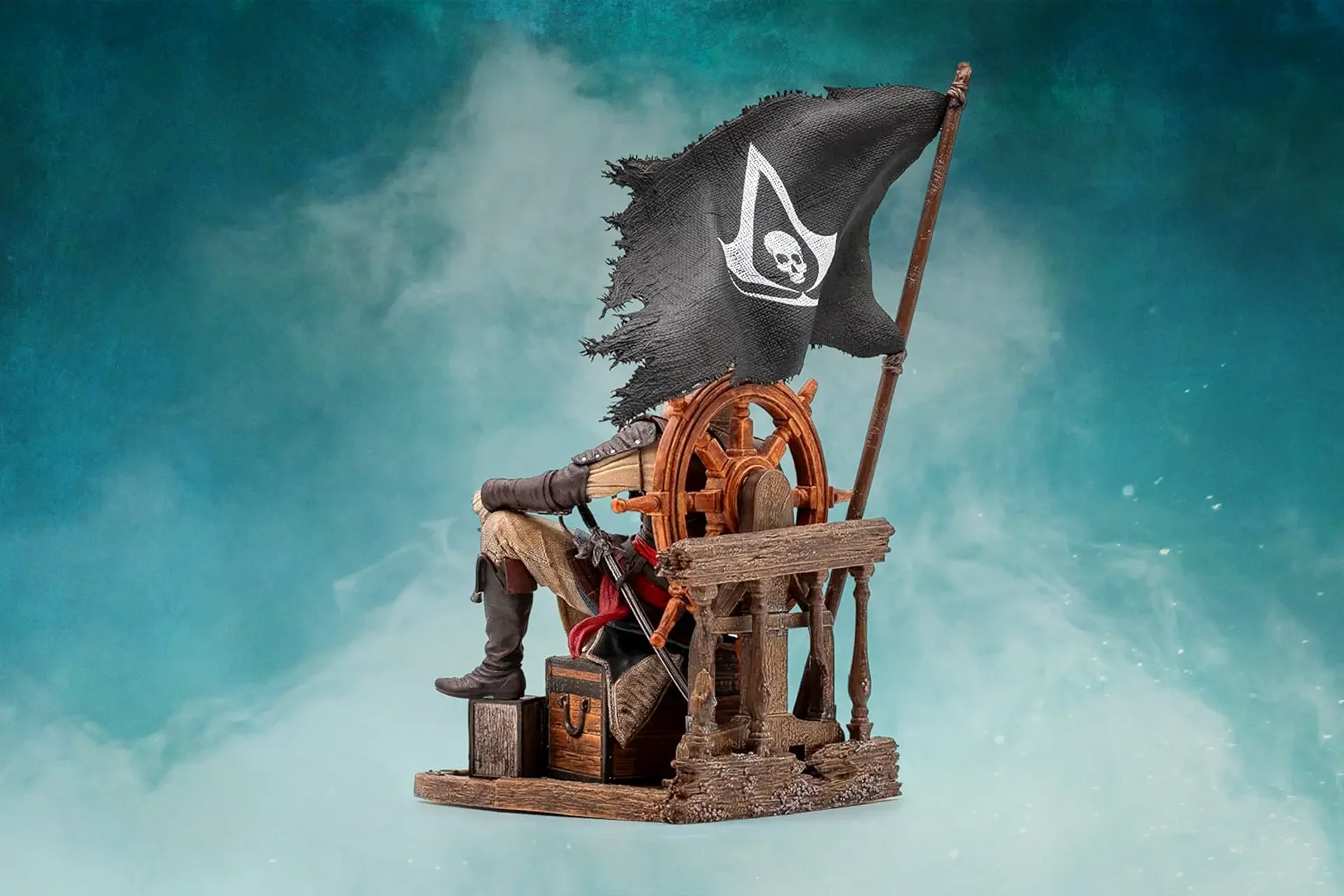Edward Kenway statue seen from behind: ship wheel, railing and tattered Assassin flag