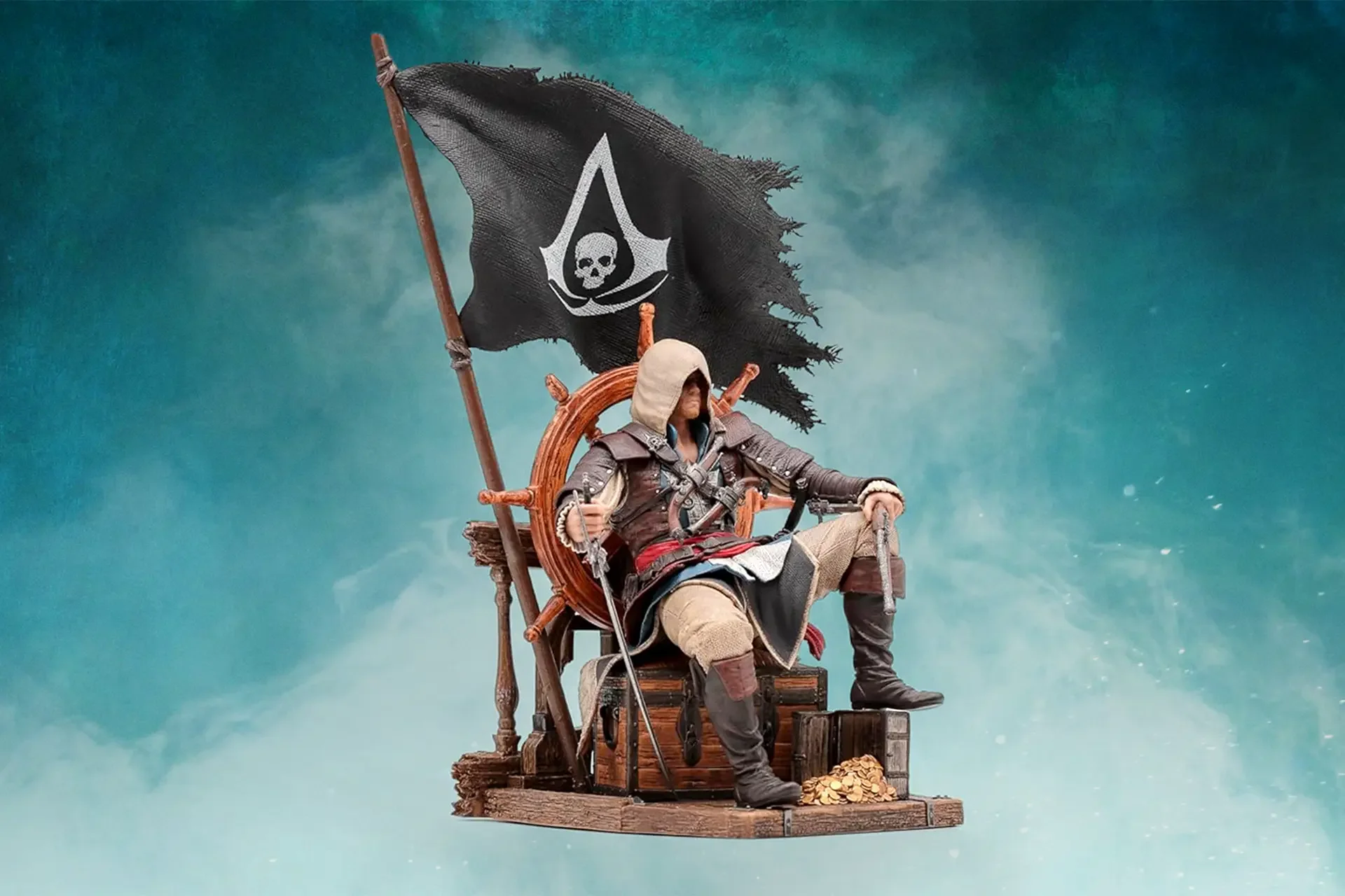 Edward Kenway 31cm statue seated at the helm of the Jackdaw under the Assassin flag