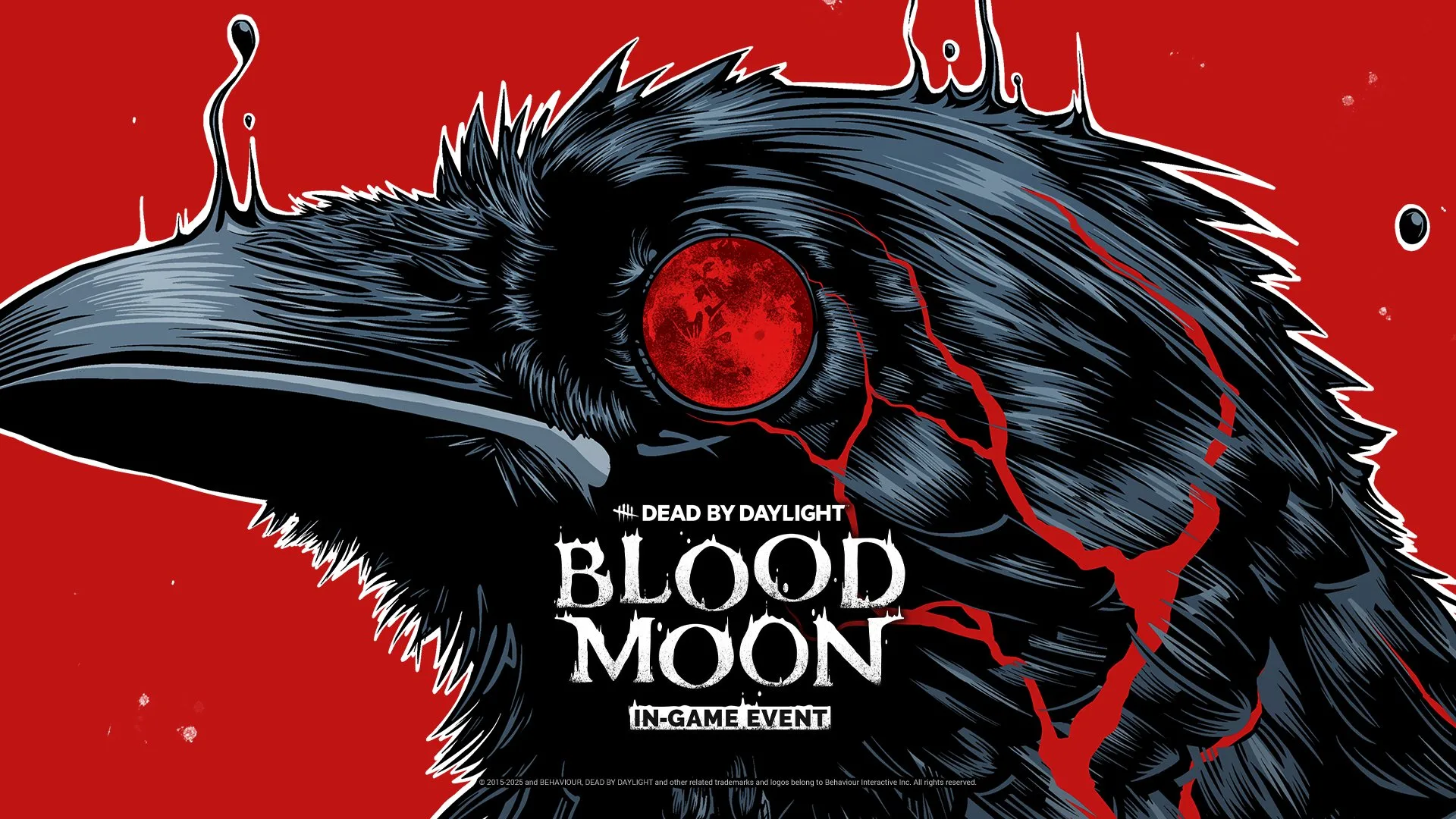 Dead by Daylight Blood Moon event key art - a raven with a blood-red moon eye
