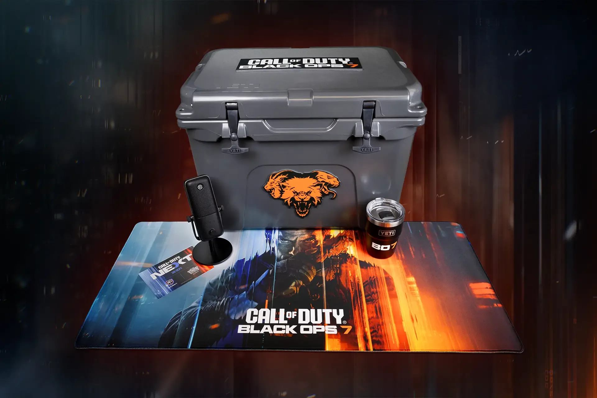 Black Ops 7 influencer kit: branded YETI Tundra 35L cooler, YETI mug, Elgato Wave:3 microphone and key art gaming mat