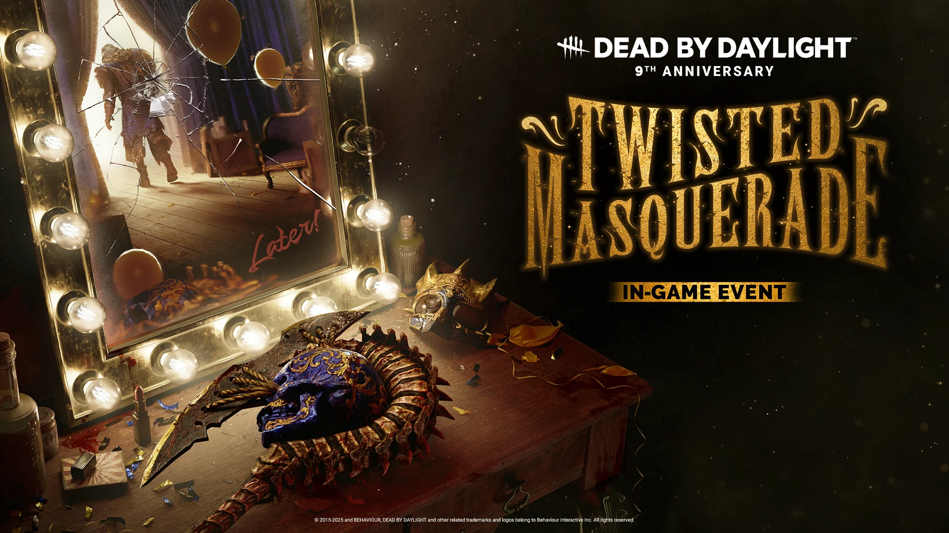 Dead by Daylight Twisted Masquerade 2025 key art: a cracked dressing-room mirror and masks on a vanity