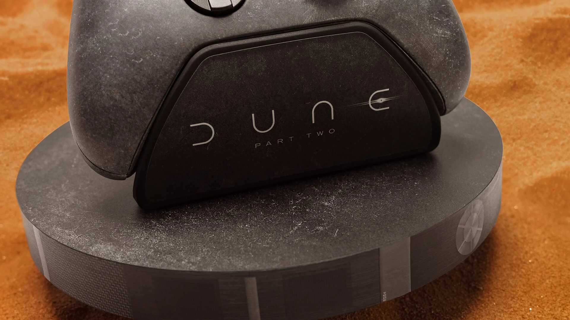 Close-up of the Dune: Part Two controller stand on its 3D-printed base