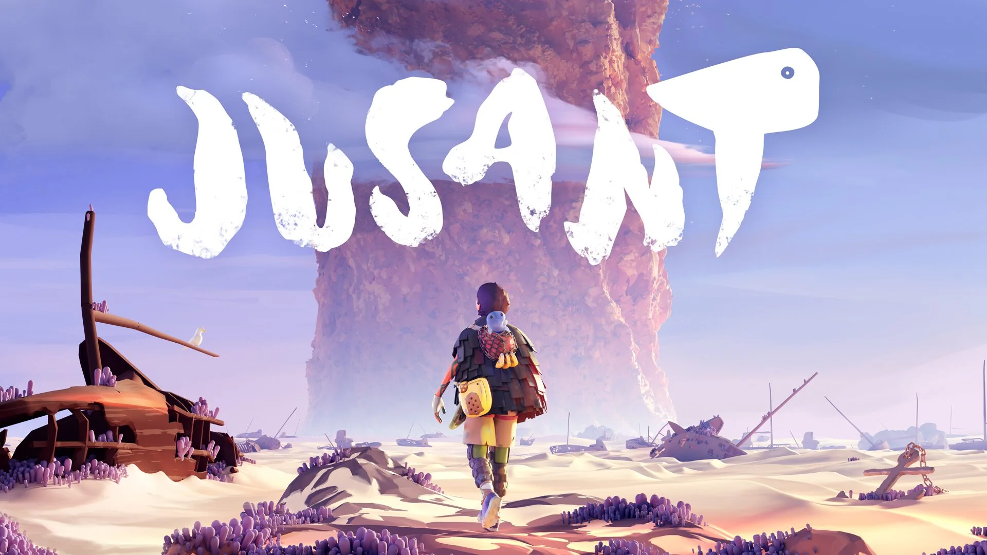 Jusant key art: the climber walks toward the tower under the brushwork JUSANT logo