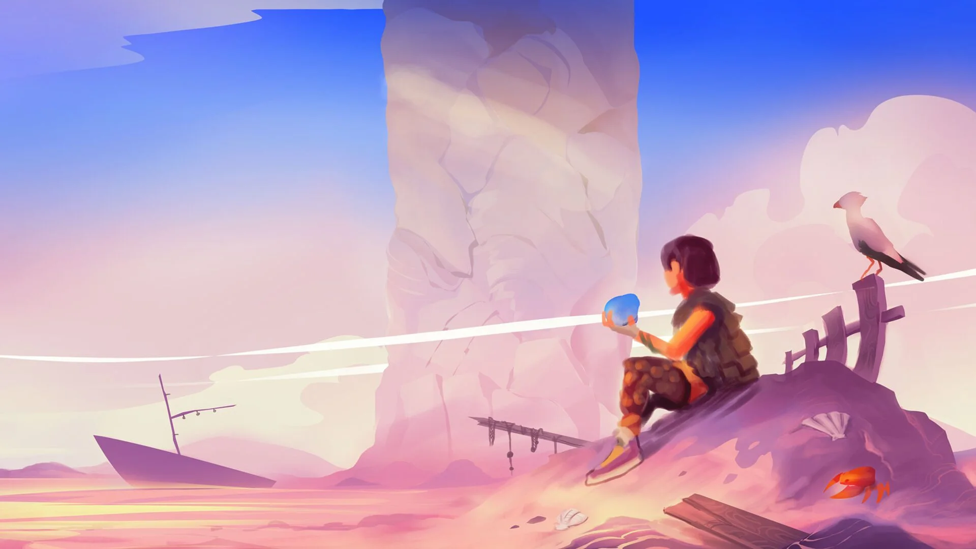 Jusant early illustration: the climber sits on a dune holding a blue shell, the tower behind