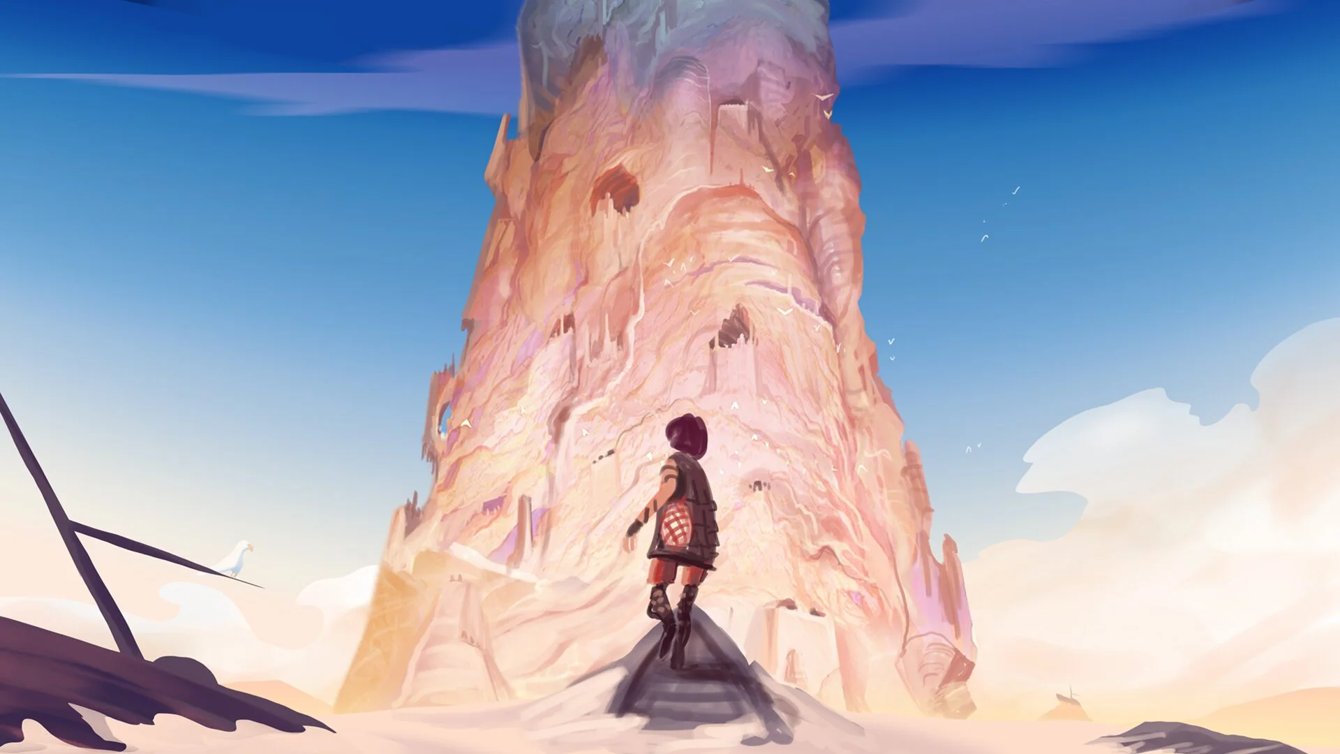 Jusant early illustration: the climber at the foot of the towering ancient spire