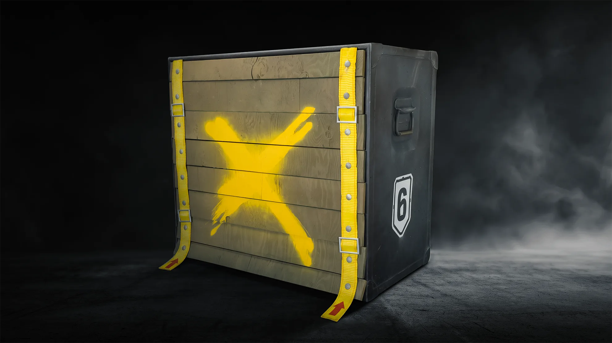 Breach crate: metal case with bolted wooden panel, hand-painted yellow X and yellow straps