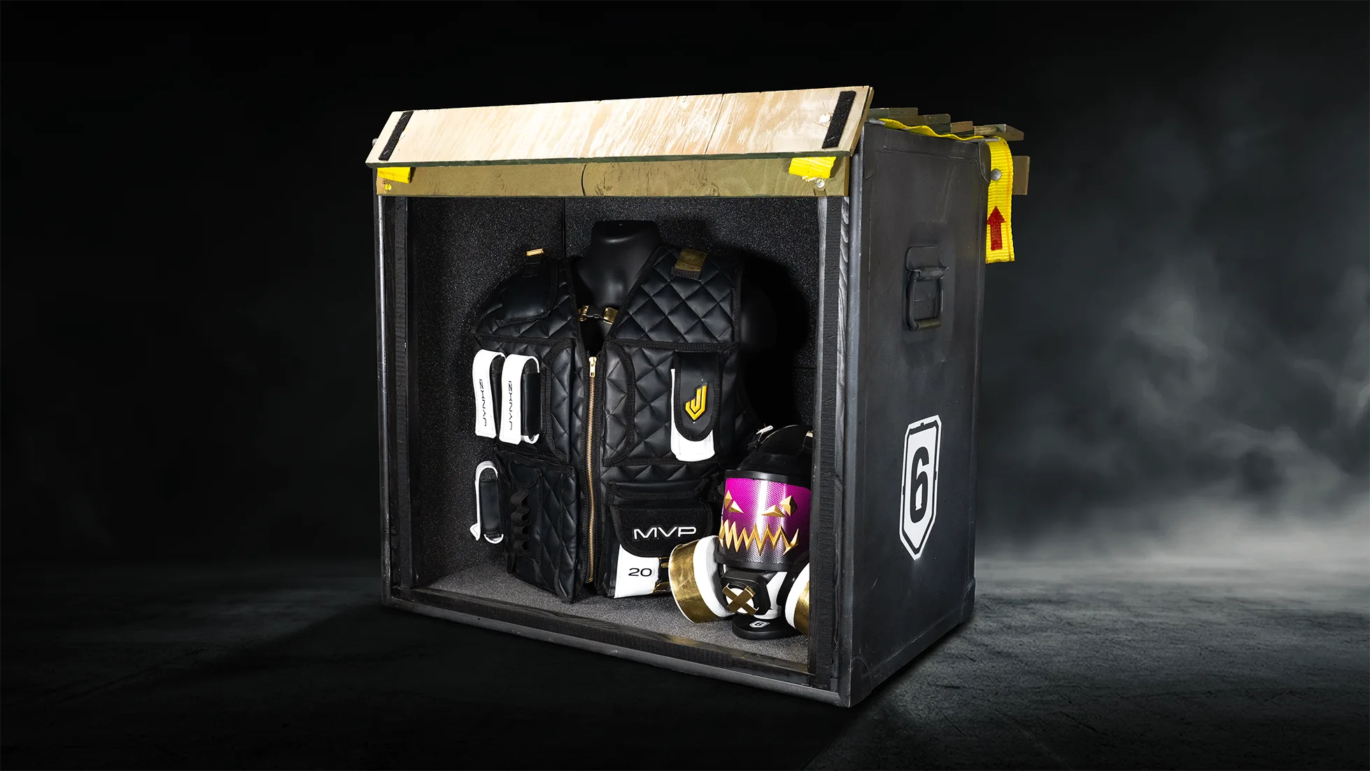 Breach crate opened, revealing the vest and helmet in custom foam bedding