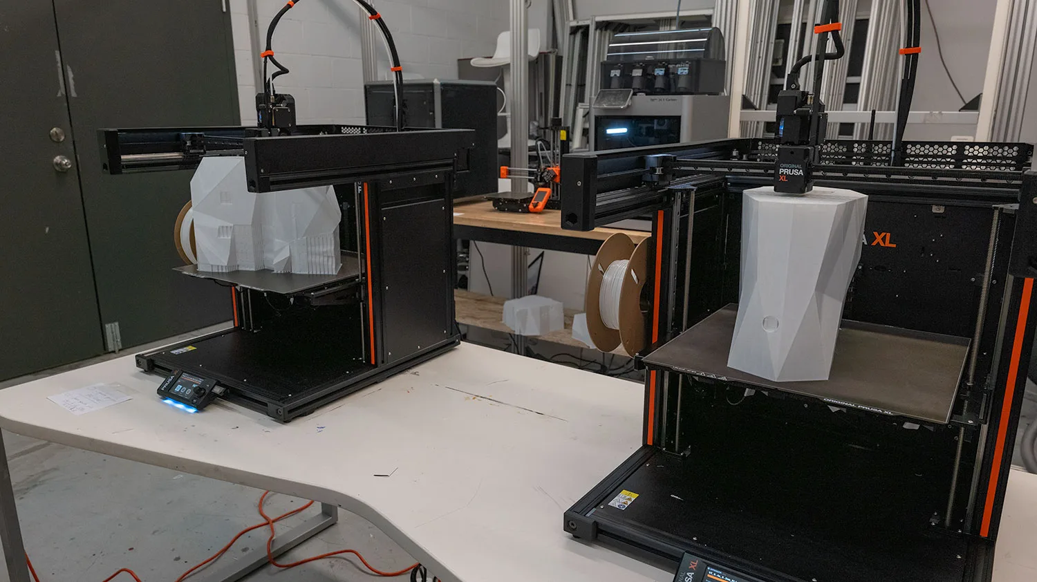 Statue components printing on the workshop's Prusa XL machines