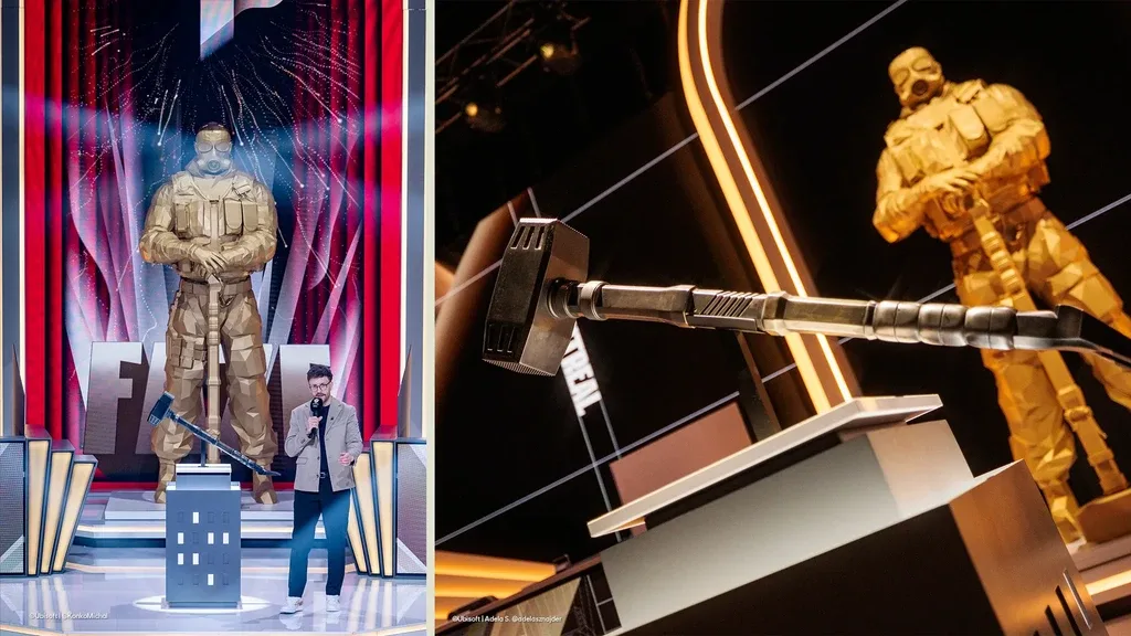 Host on stage beside the statue, and a close-up of the hammer